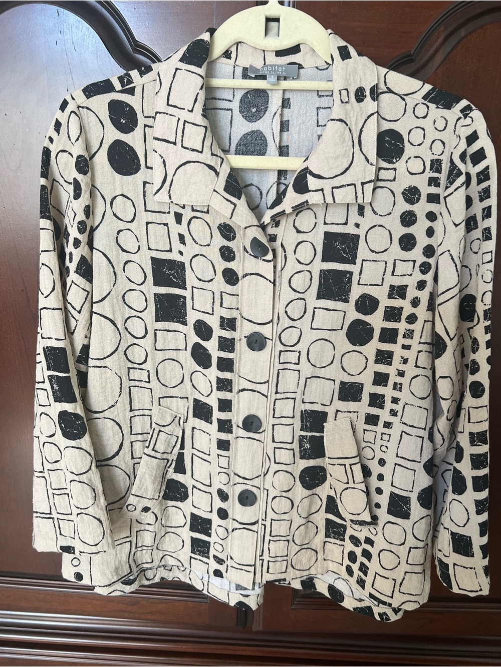 Black and Beige Geometric Button-Front Blouse